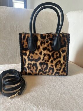 Michael Kors Mercer Leopard Calf Hair Satchel with Black Trim